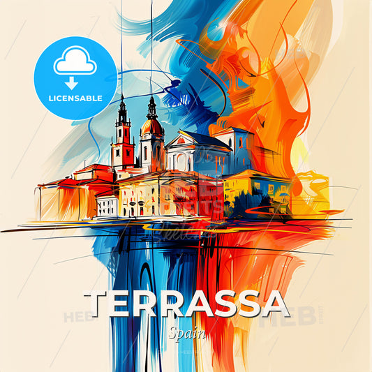 Vibrant Terrassa, Spain - A Painting Of A Building With A Fire In The Background - Square format print template