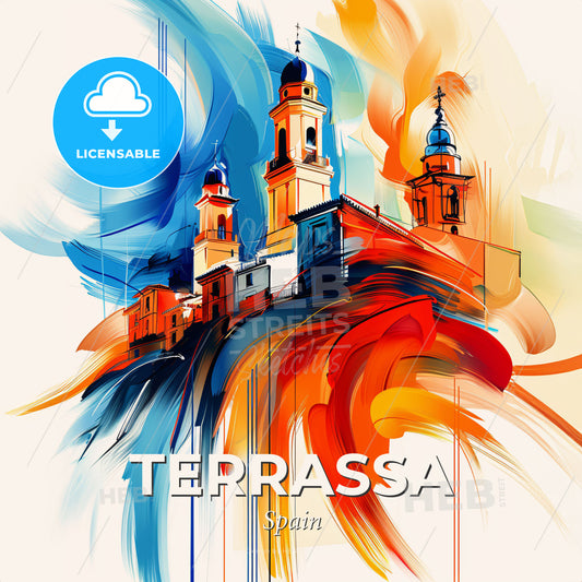 Vibrant Terrassa, Spain - A Painting Of A Building With Towers And A Colorful Background - Square format print template