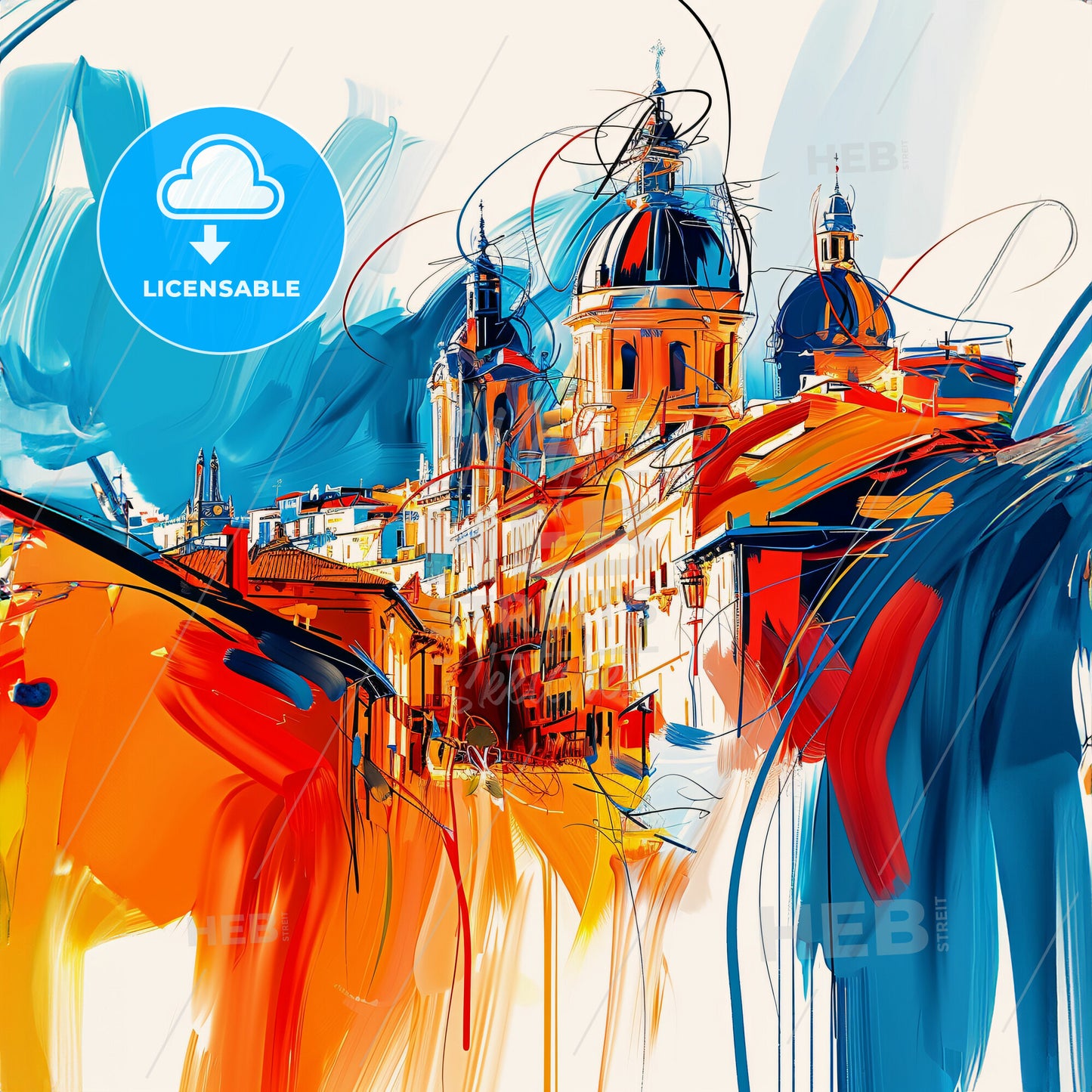 Vibrant Terrassa, Spain - A Painting Of A Building With A Dome And A Blue And Orange Background