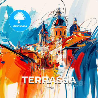 Vibrant Terrassa, Spain - A Painting Of A Building With A Dome And A Blue And Orange Background - Square format print template