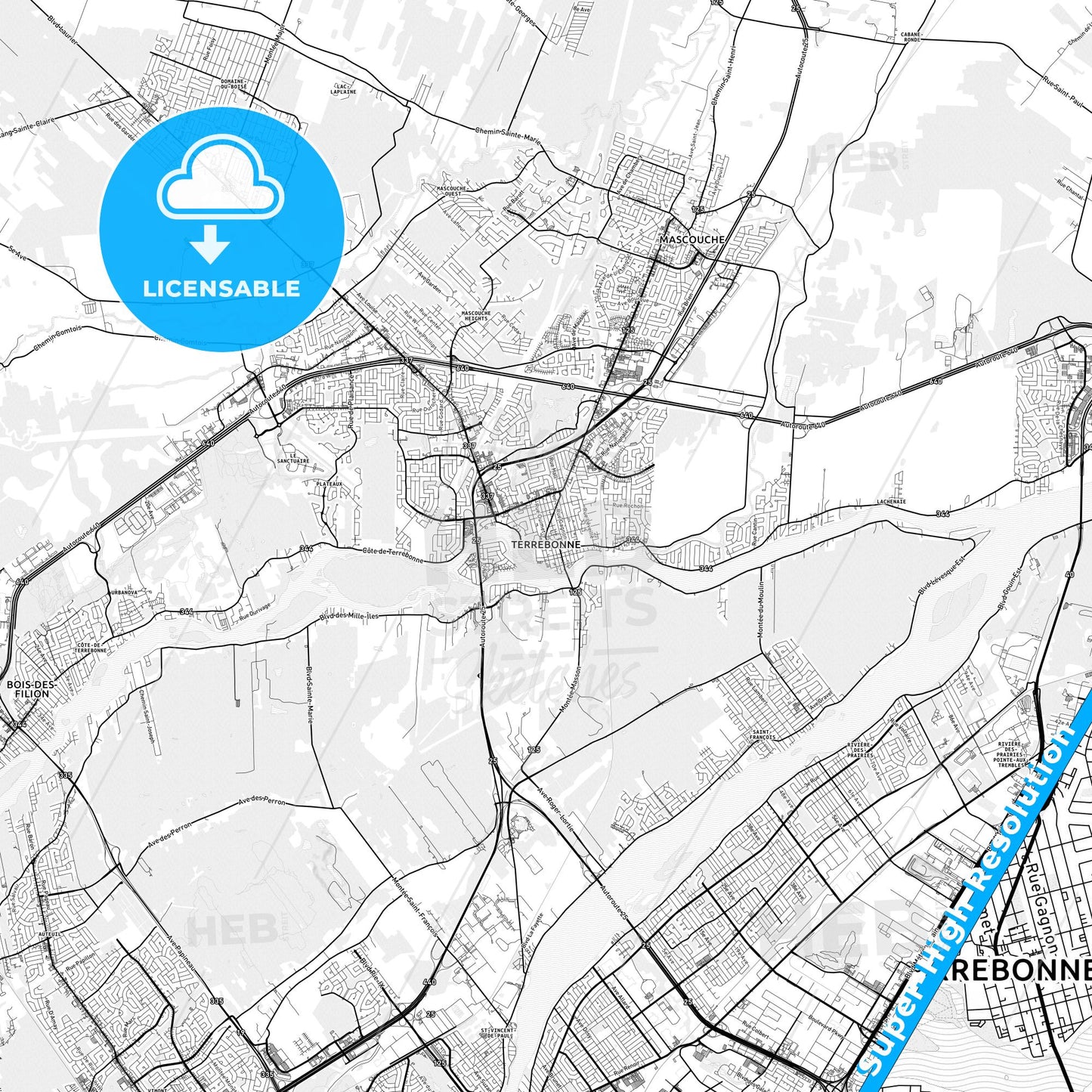 Terrebonne, Canada light map with streetnames, citynames and districts