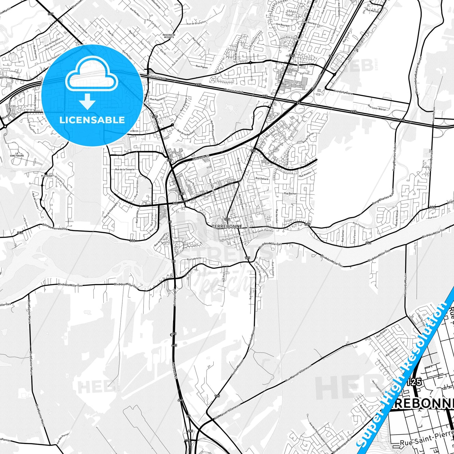 Terrebonne, Canada Light Map with Street Names, City Names, and Districts