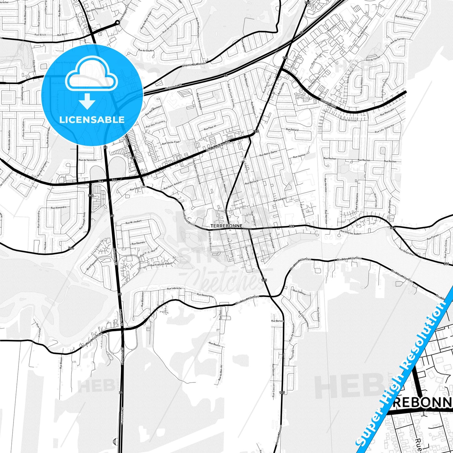 Terrebonne, Canada Light Map with Street Names, City Names, and Districts