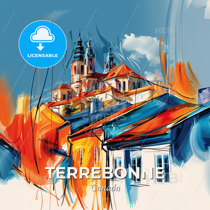 Vibrant Terrebonne, Canada - A Painting Of A Building With A Blue Sky - Square format print template