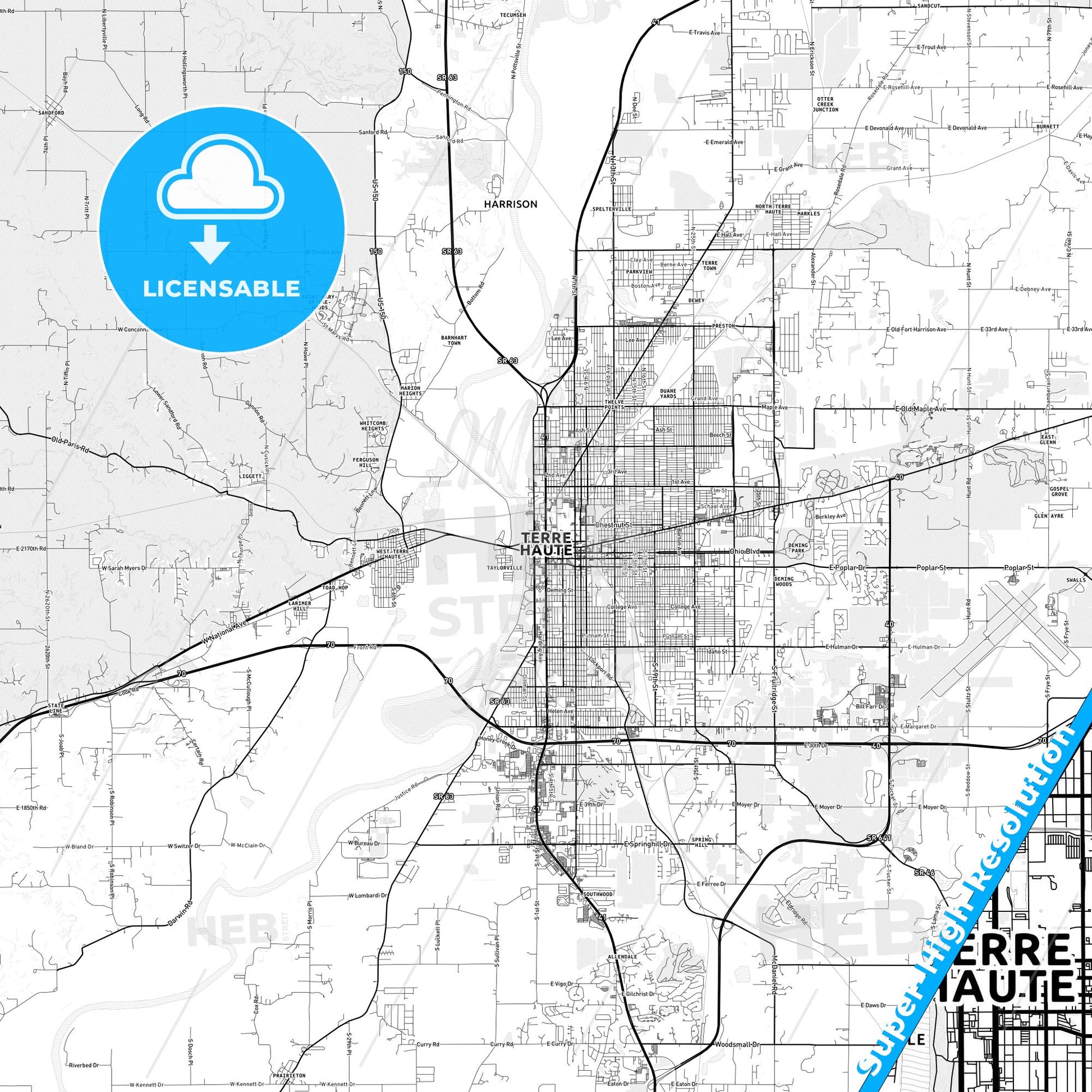 Terre Haute, Indiana light map with streetnames, citynames and districts