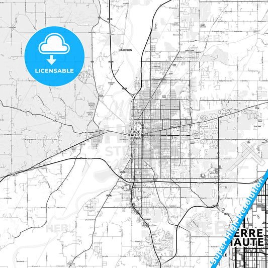 Terre Haute, Indiana light map with streetnames, citynames and districts
