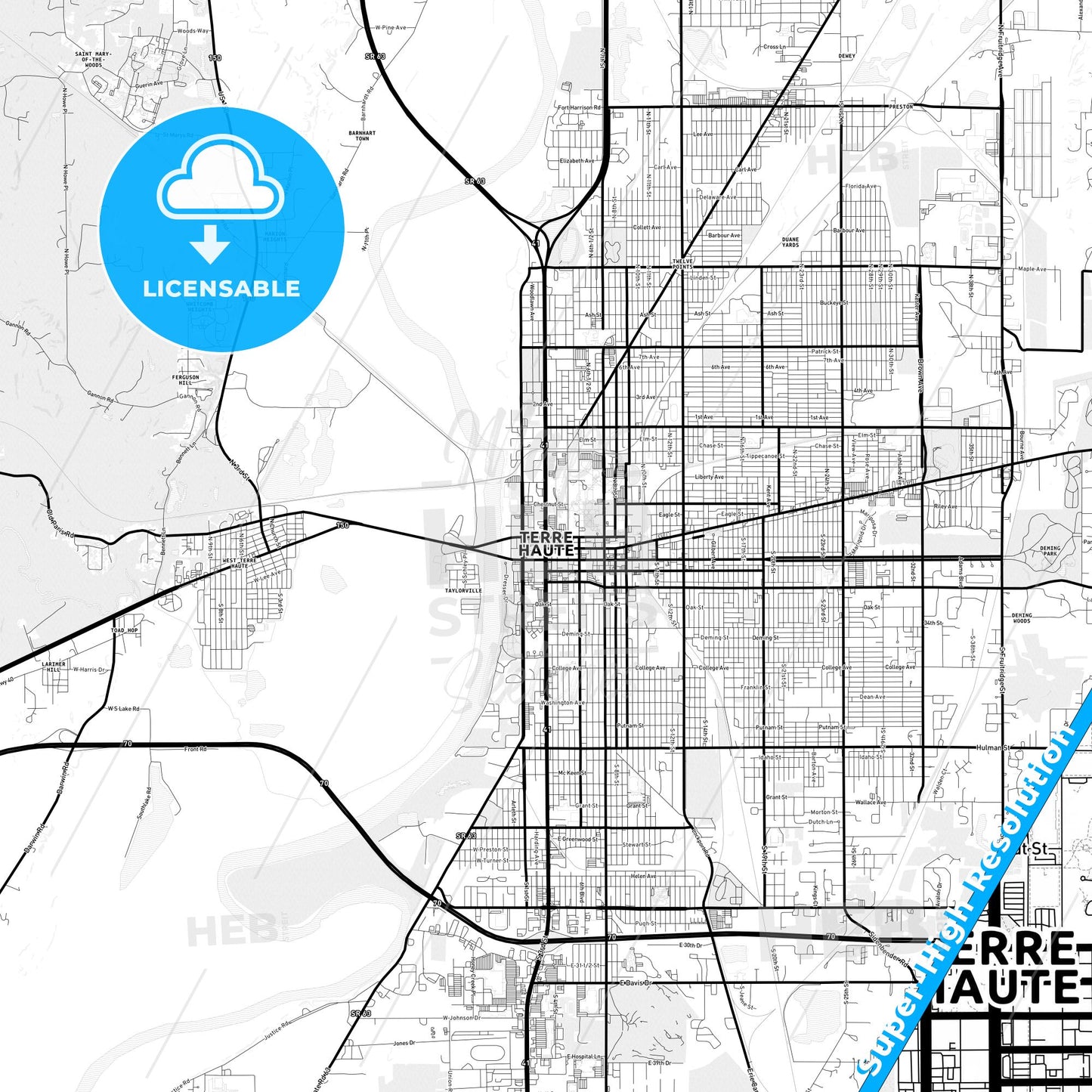 Terre Haute, Indiana Light Map with Street Names, City Names, and Districts