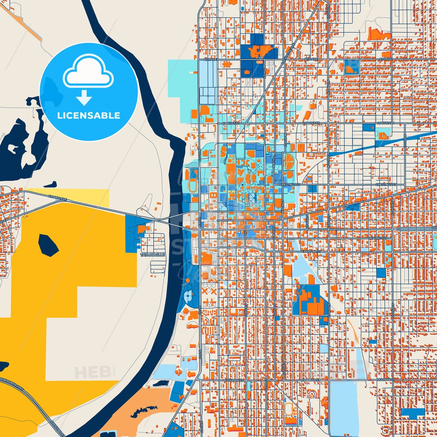 Colorful Terre Haute Street Map with Labels and Buildings