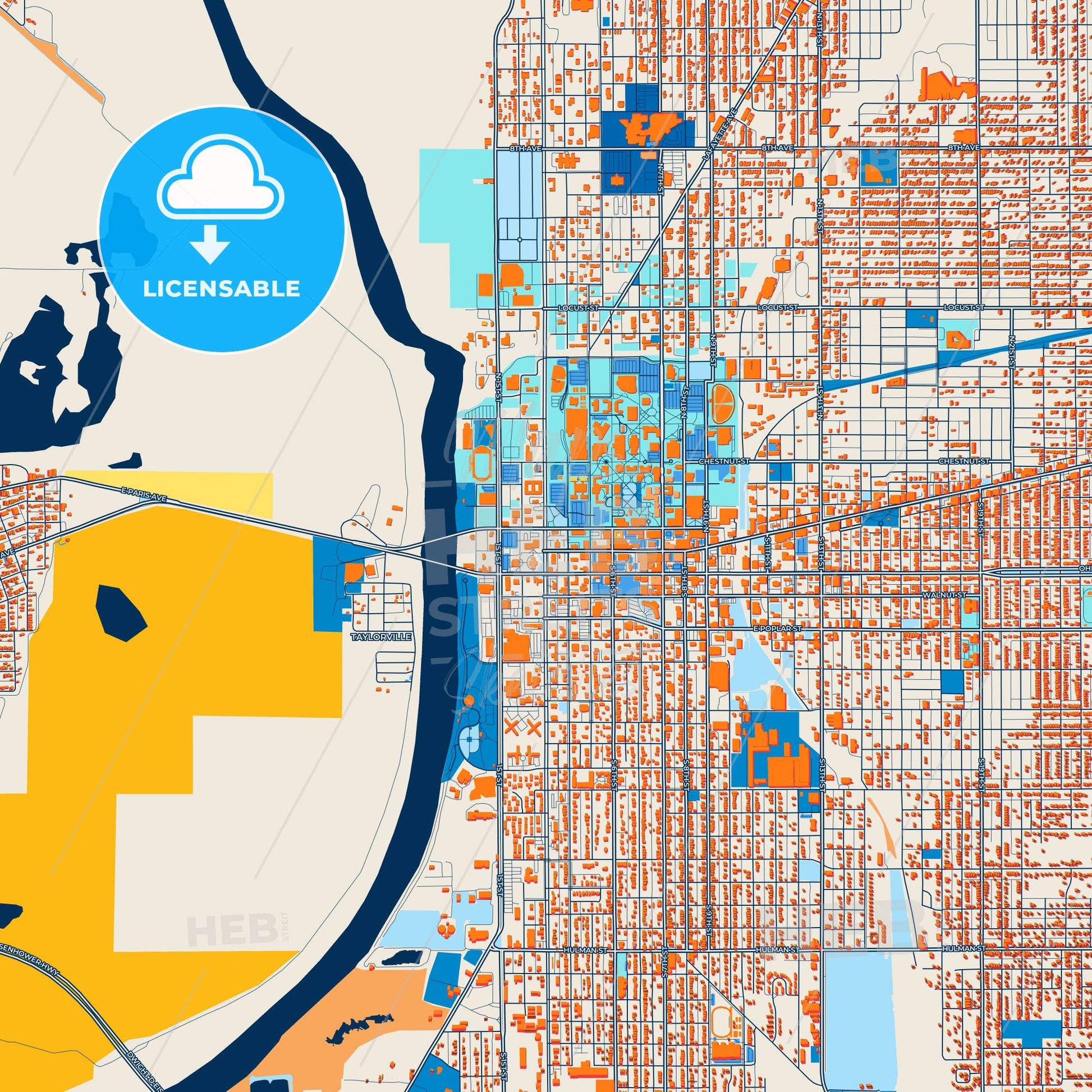 Colorful Terre Haute Street Map with Labels and Buildings