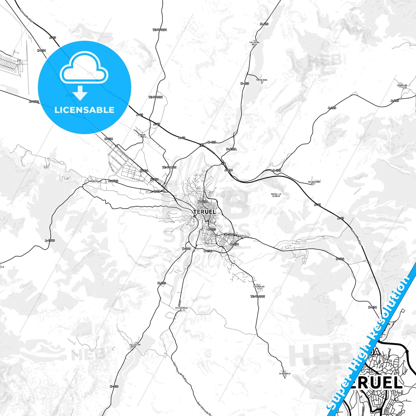 Teruel, Spain light map with streetnames, citynames and districts