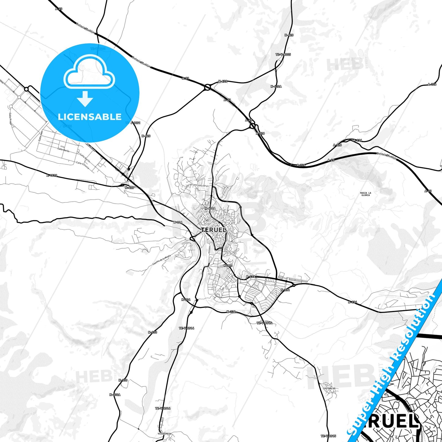 Teruel, Spain Light Map with Street Names, City Names, and Districts