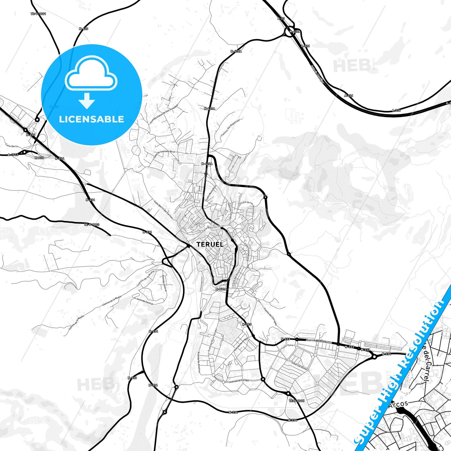 Teruel, Spain Light Map with Street Names, City Names, and Districts