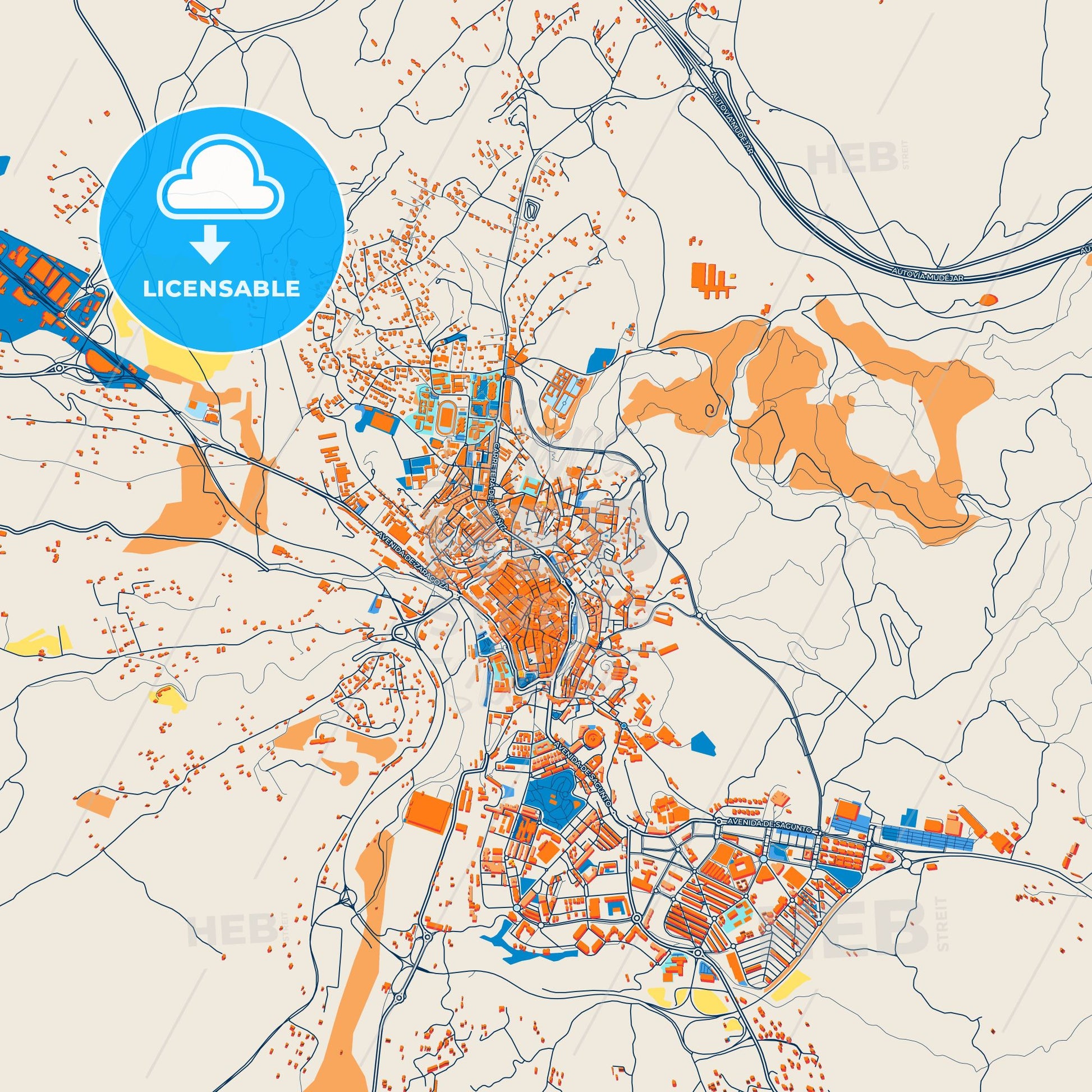 Colorful Teruel Street Map with Labels and Buildings