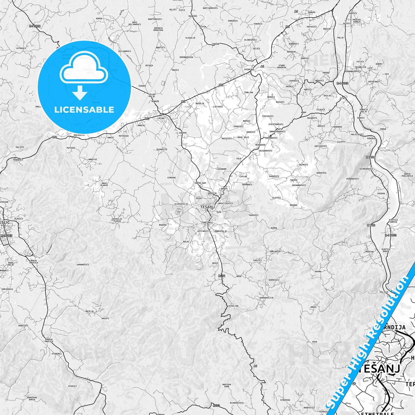 Tešanj, Bosnia and Herzegovina light map with streetnames, citynames and districts