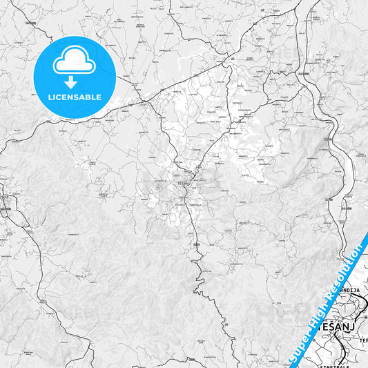 Tešanj, Bosnia and Herzegovina light map with streetnames, citynames and districts