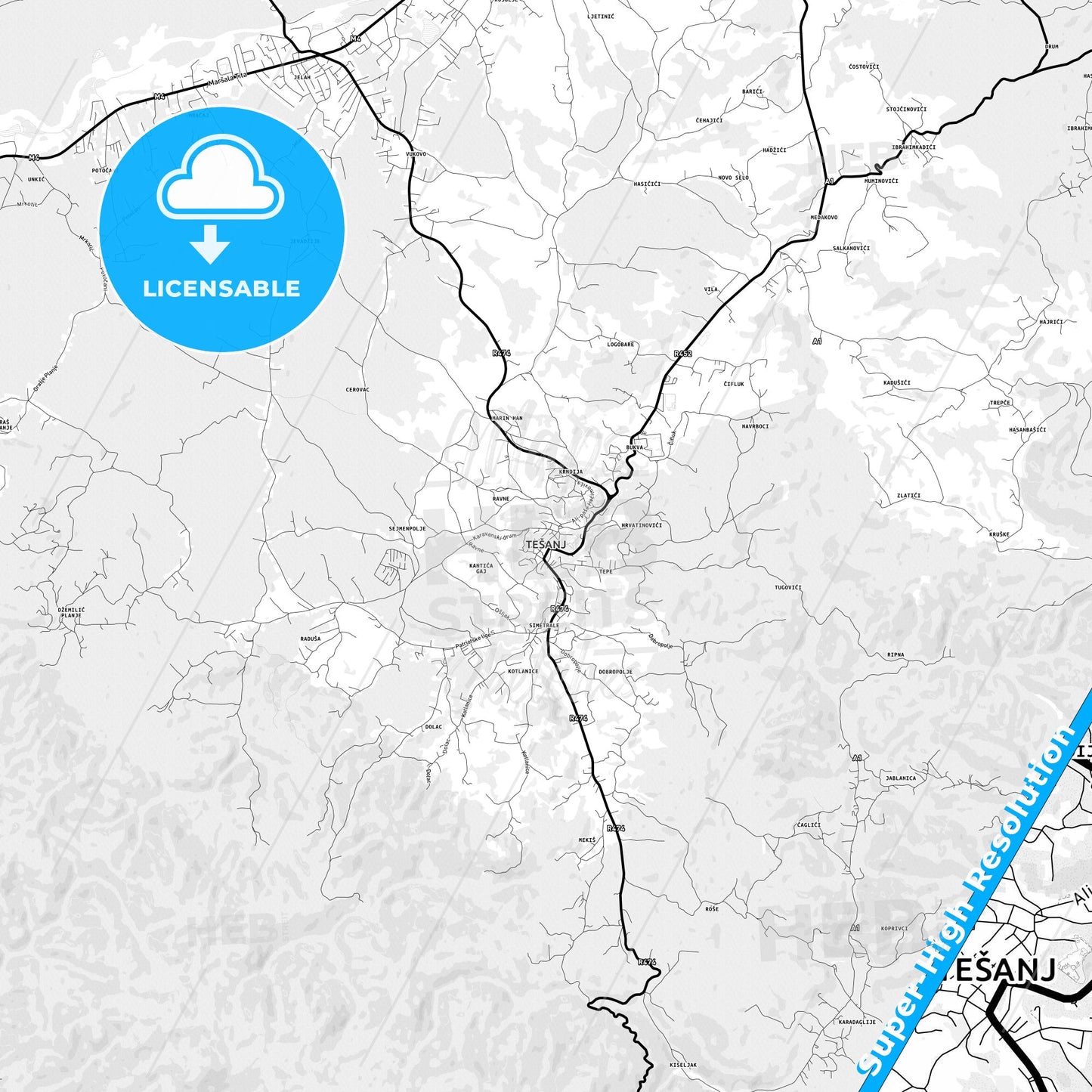 Tešanj, Bosnia and Herzegovina Light Map with Street Names, City Names, and Districts