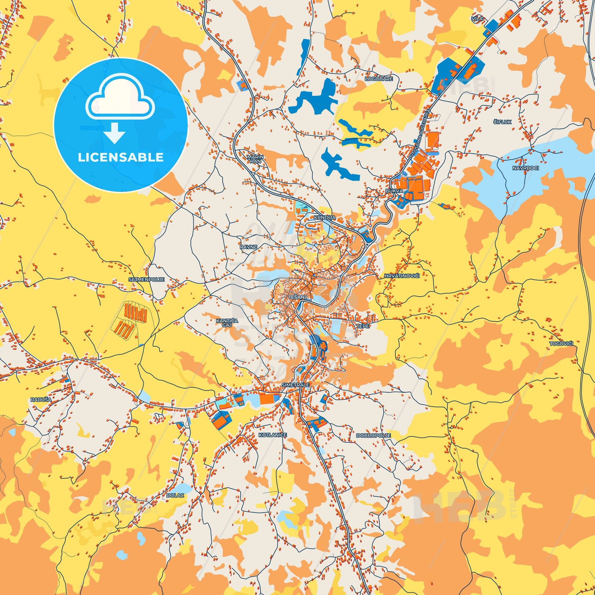 Colorful Tešanj Street Map with Labels and Buildings