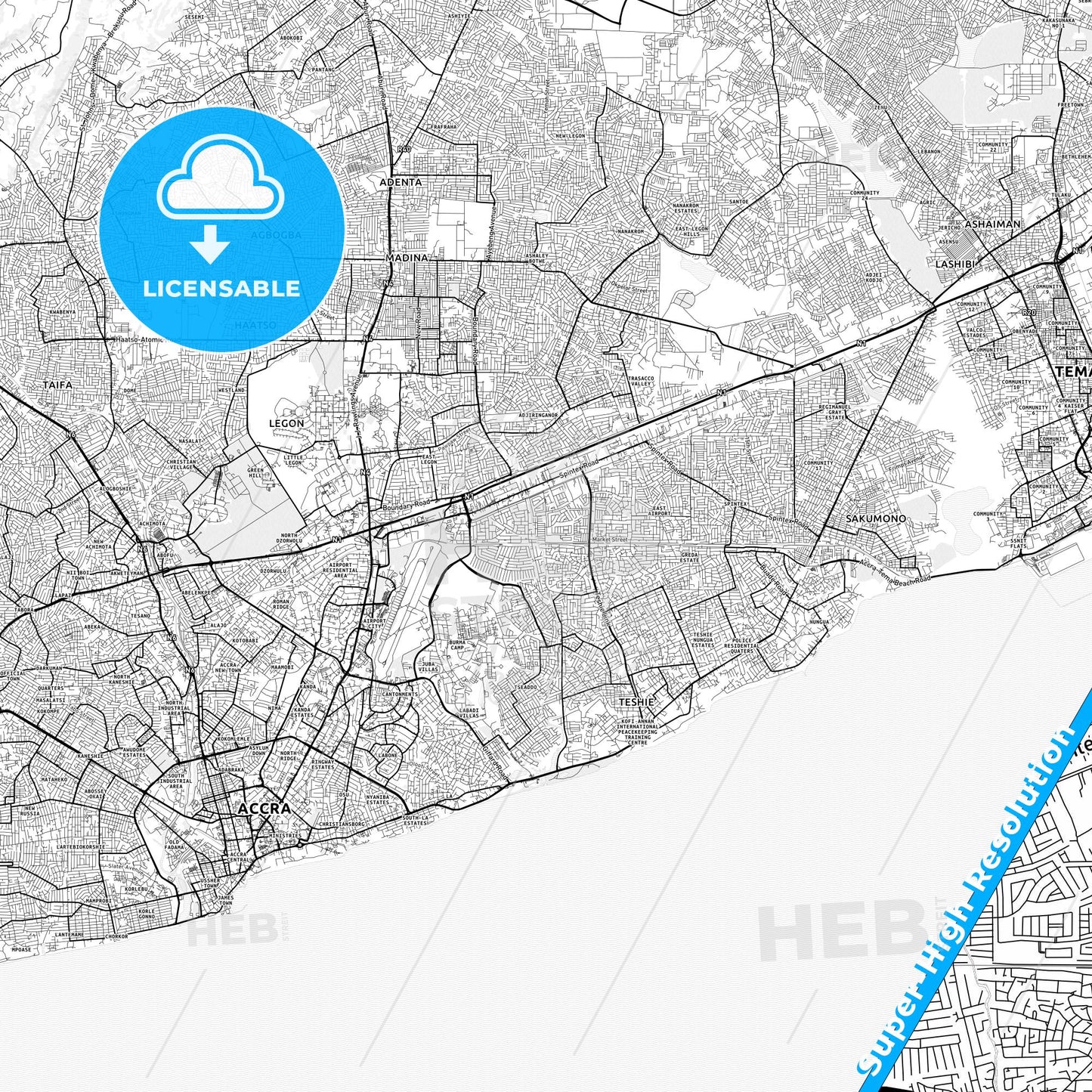 Teshi Old Town, Ghana light map with streetnames, citynames and districts
