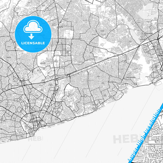 Teshi Old Town, Ghana light map with streetnames, citynames and districts