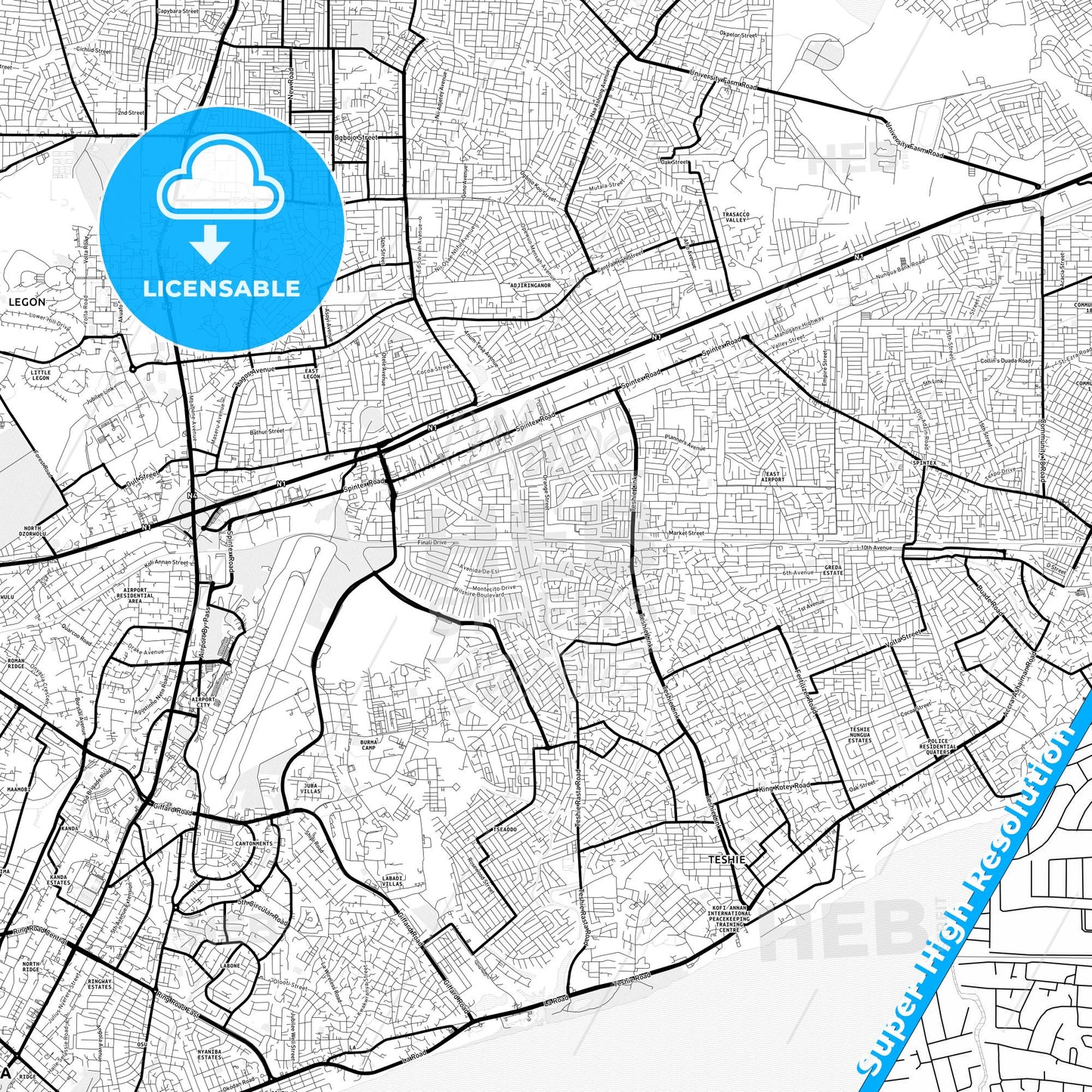 Teshi Old Town, Ghana Light Map with Street Names, City Names, and Districts