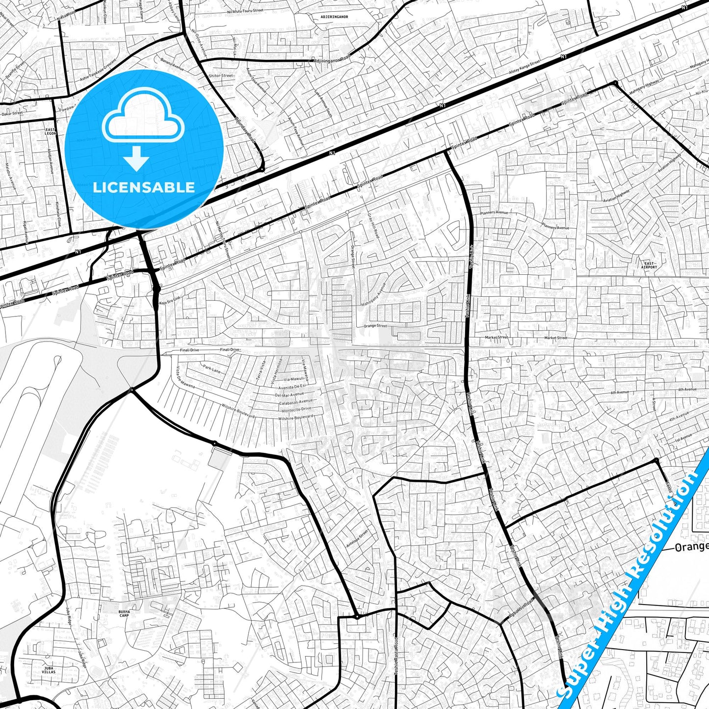 Teshi Old Town, Ghana Light Map with Street Names, City Names, and Districts