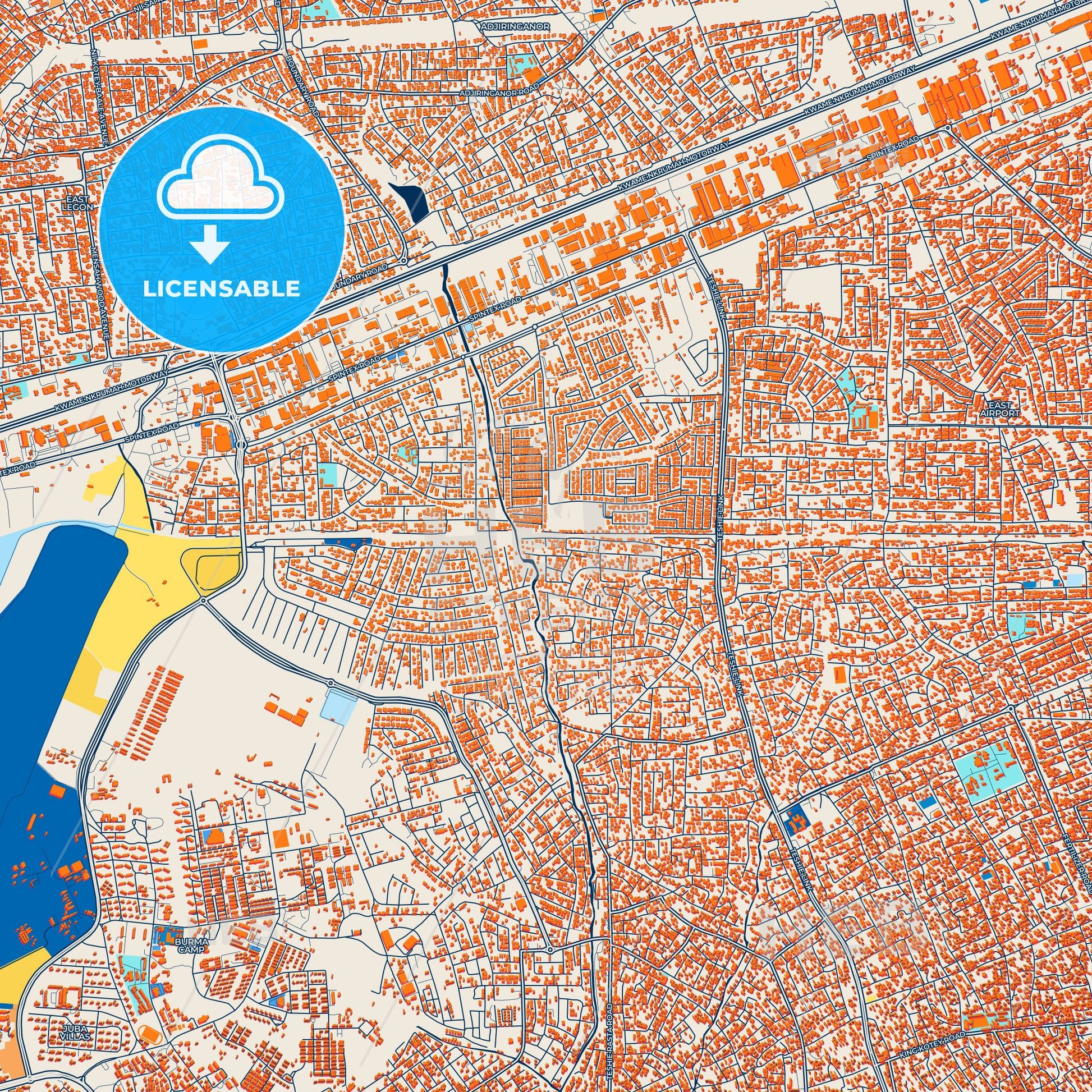 Colorful Teshi Old Town Street Map with Labels and Buildings