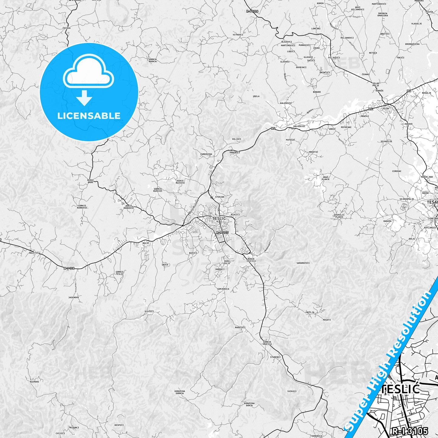 Teslić, Bosnia and Herzegovina light map with streetnames, citynames and districts