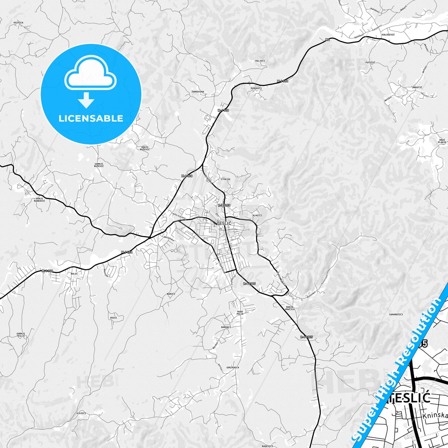 Teslić, Bosnia and Herzegovina Light Map with Street Names, City Names, and Districts