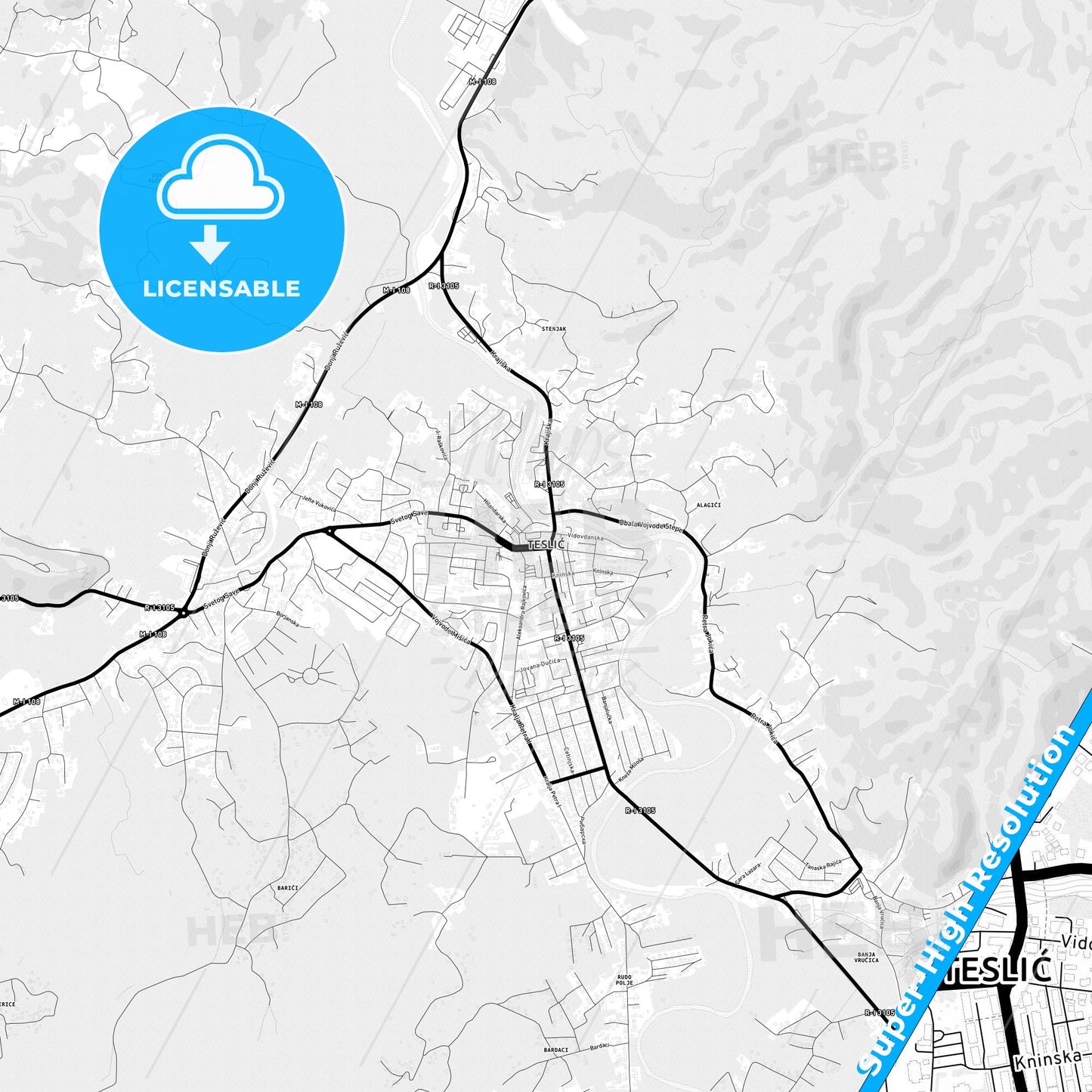 Teslić, Bosnia and Herzegovina Light Map with Street Names, City Names, and Districts