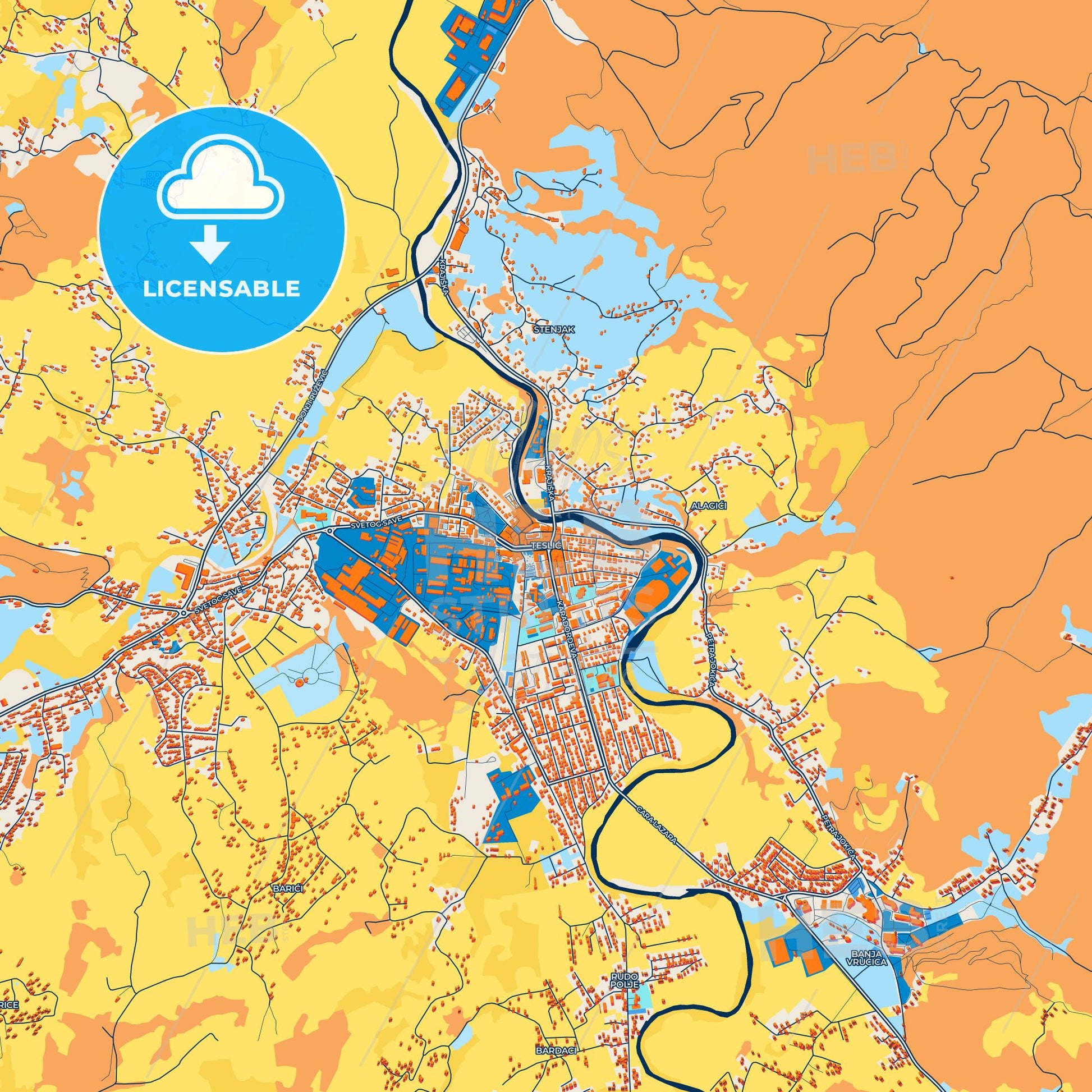 Colorful Teslić Street Map with Labels and Buildings