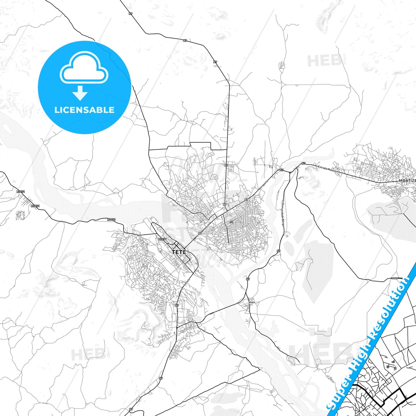 Tete, Mozambique light map with streetnames, citynames and districts