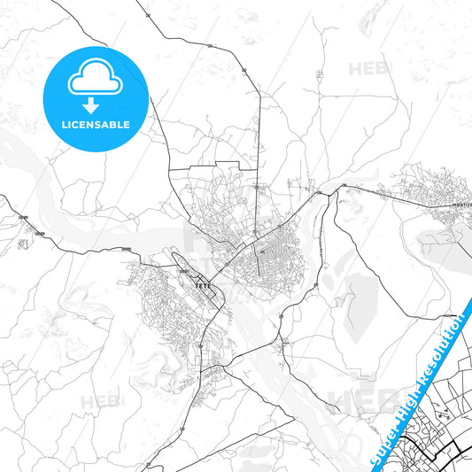 Tete, Mozambique light map with streetnames, citynames and districts