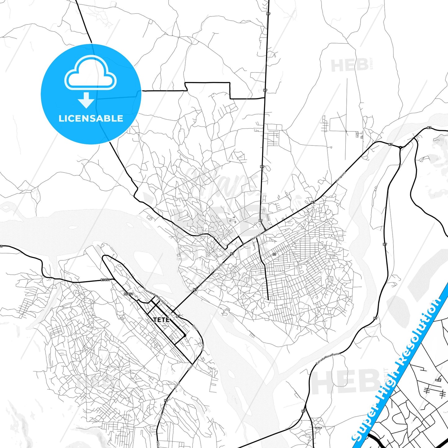 Tete, Mozambique Light Map with Street Names, City Names, and Districts