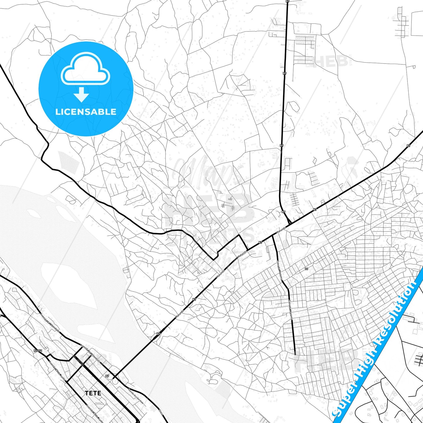 Tete, Mozambique Light Map with Street Names, City Names, and Districts