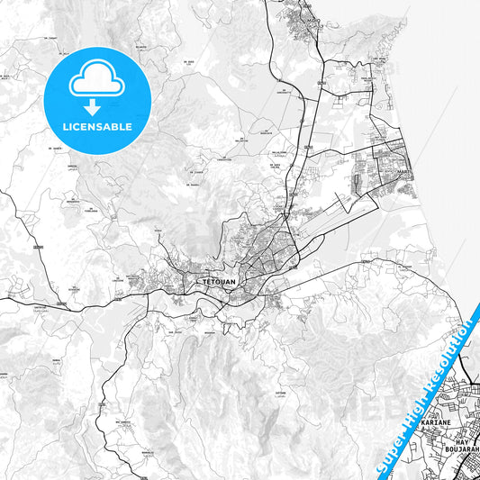 Tetouan, Morocco light map with streetnames, citynames and districts