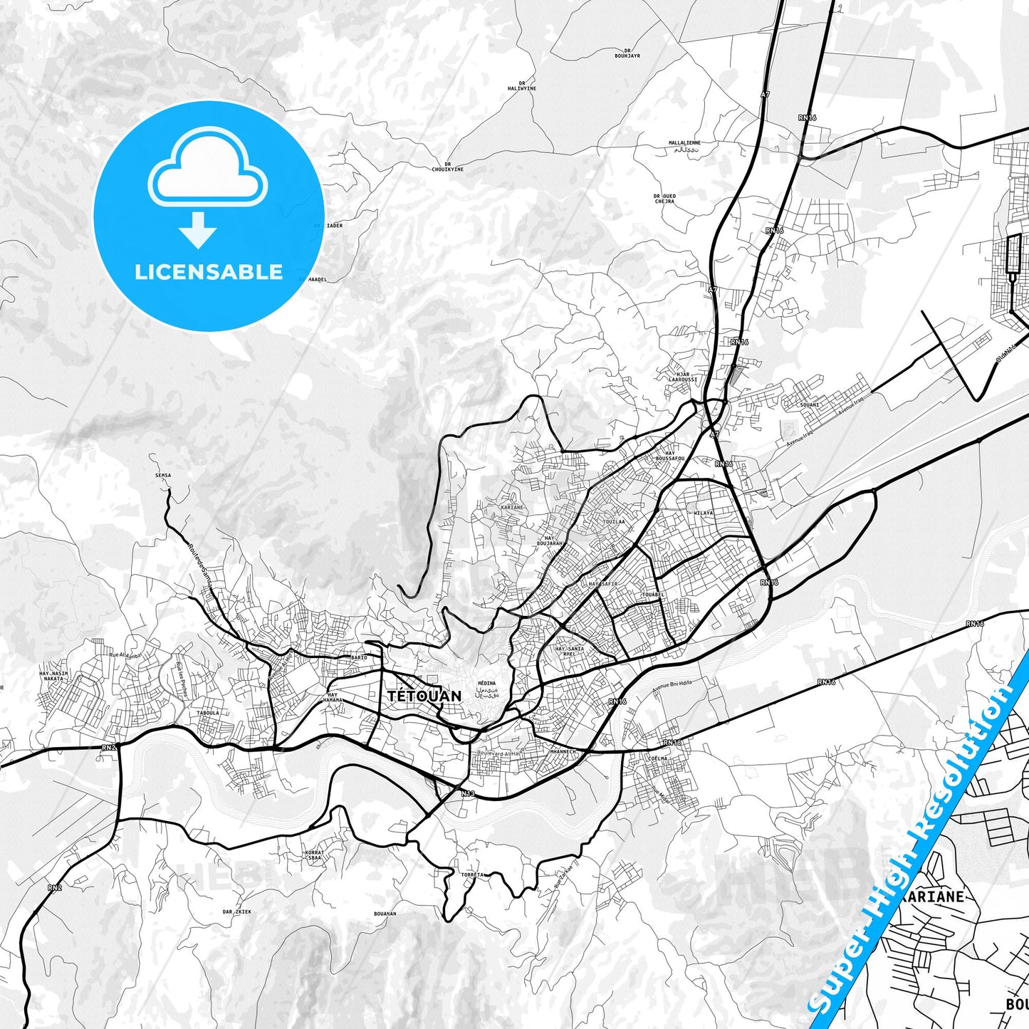 Tetouan, Morocco Light Map with Street Names, City Names, and Districts