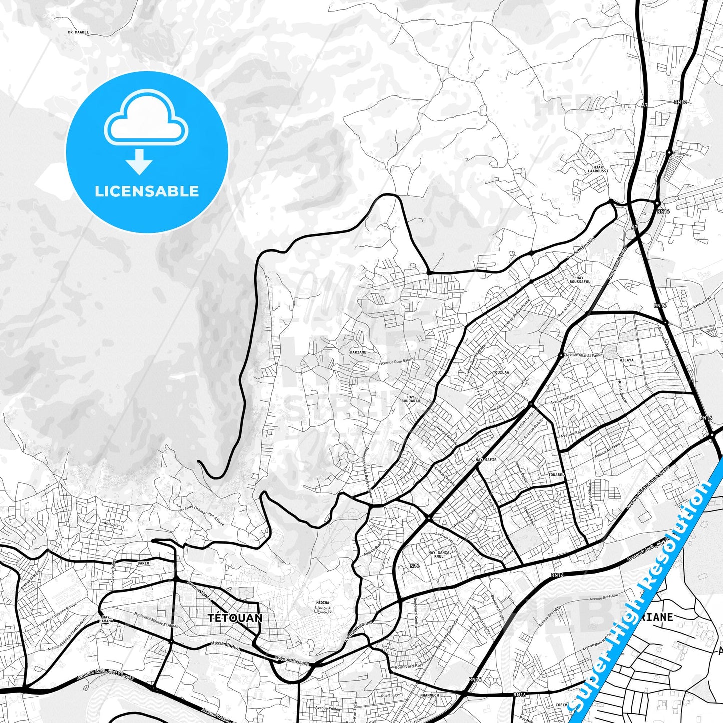 Tetouan, Morocco Light Map with Street Names, City Names, and Districts