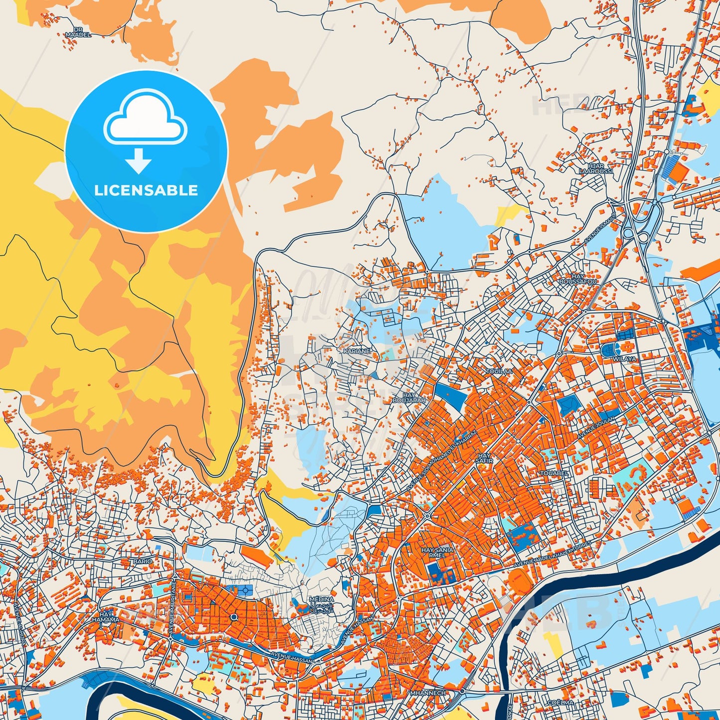 Colorful Tetouan Street Map with Labels and Buildings