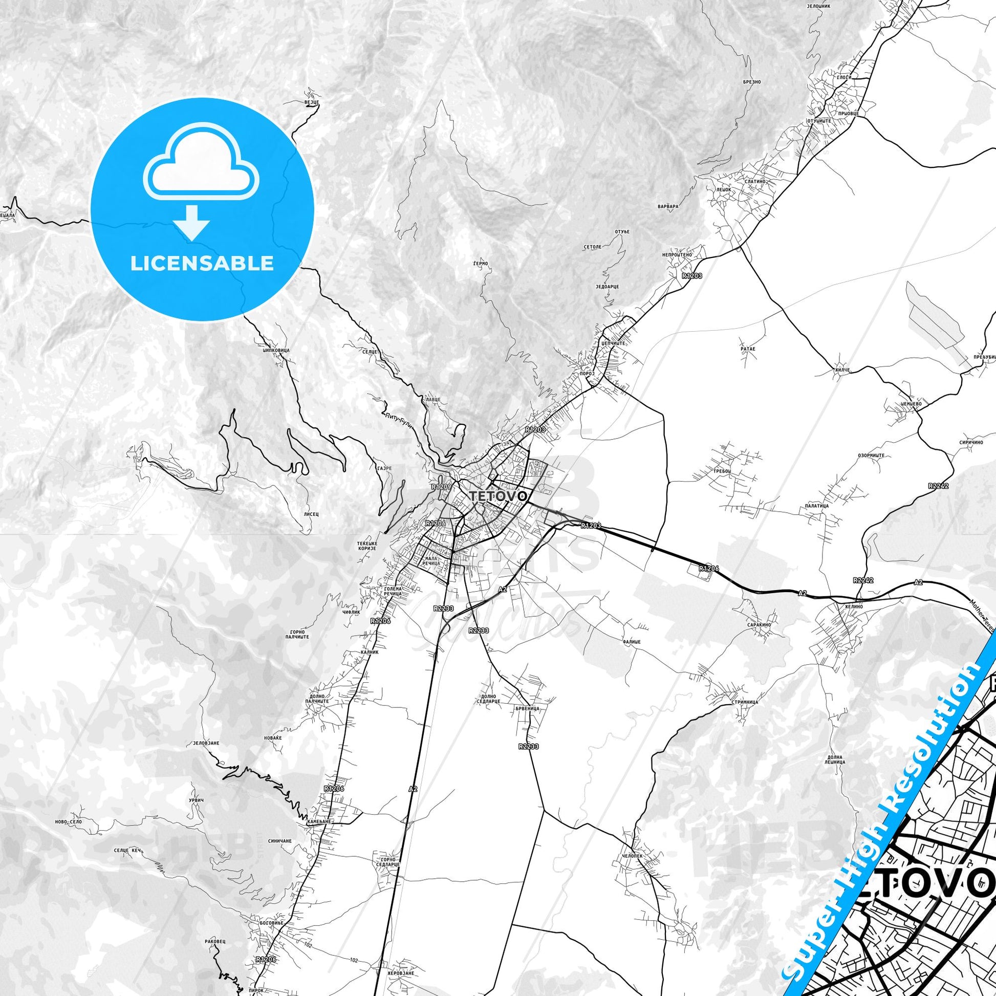 Tetovo, North Macedonia light map with streetnames, citynames and districts