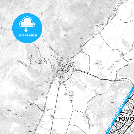 Tetovo, North Macedonia light map with streetnames, citynames and districts