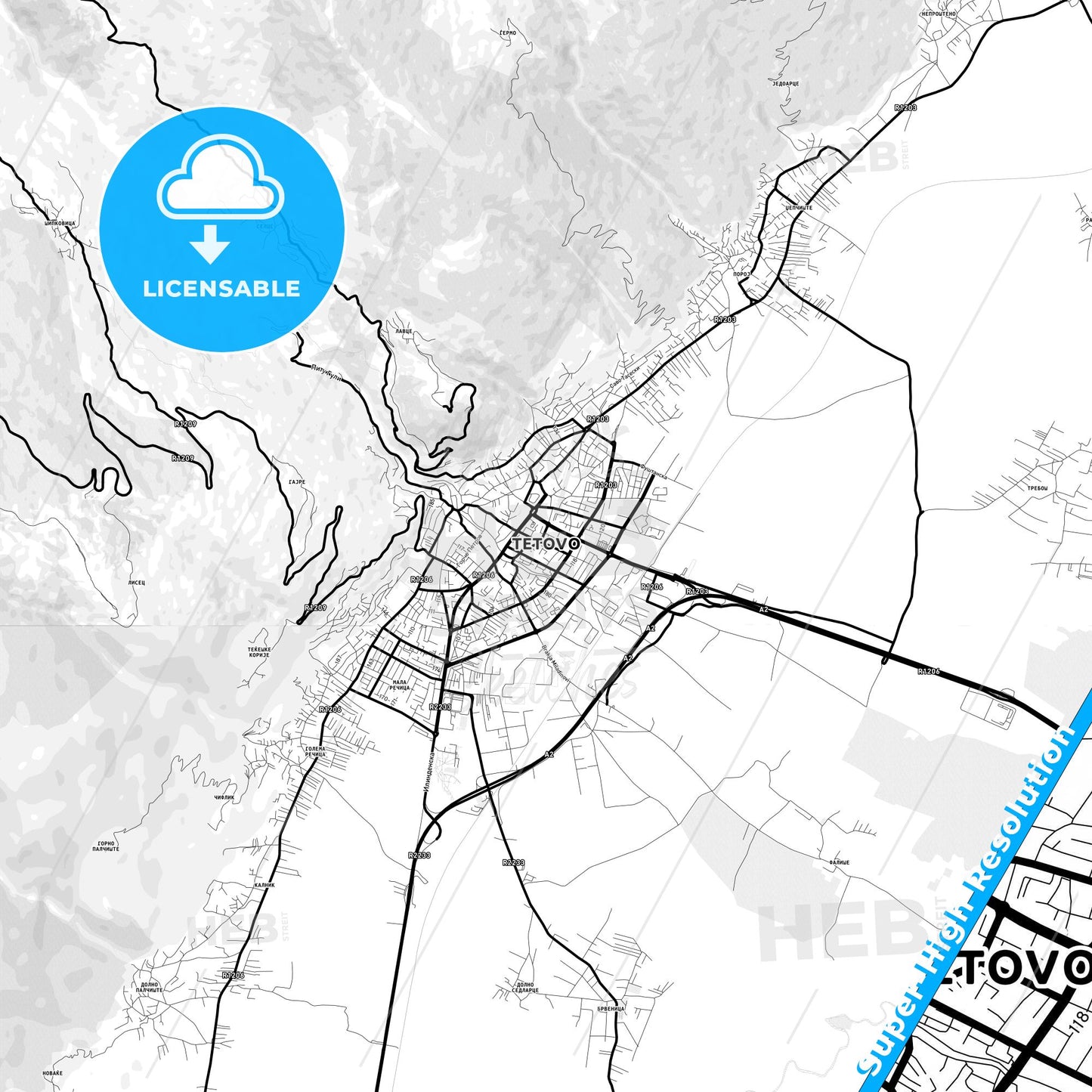 Tetovo, North Macedonia Light Map with Street Names, City Names, and Districts