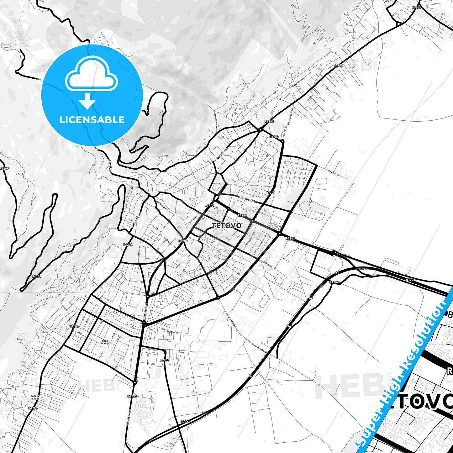 Tetovo, North Macedonia Light Map with Street Names, City Names, and Districts