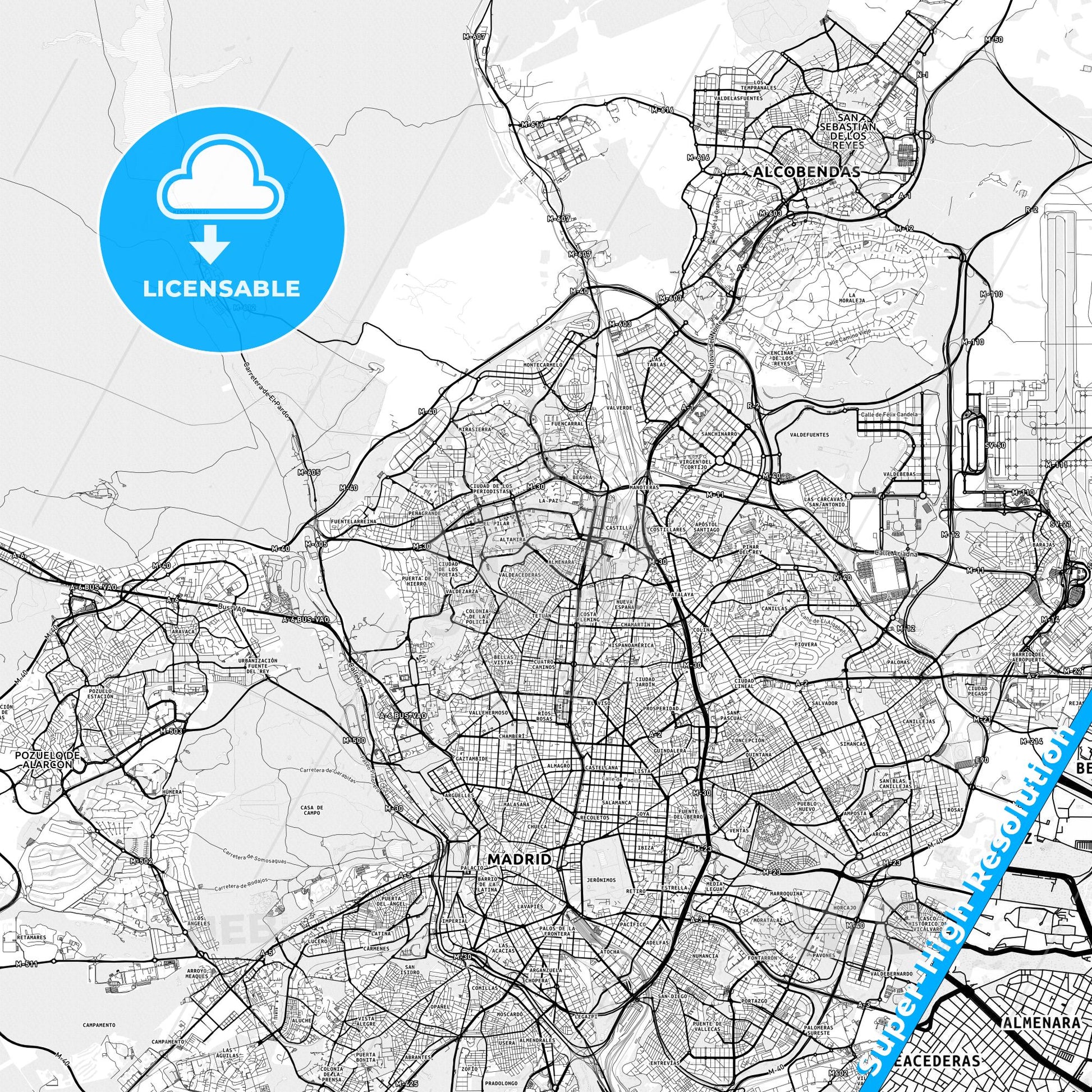 Tetuán de las Victorias, Spain light map with streetnames, citynames and districts