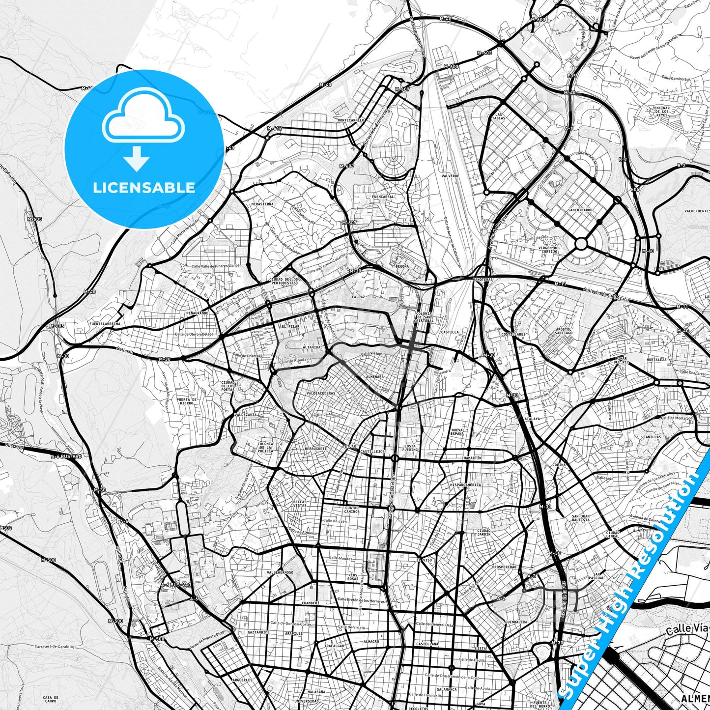 Tetuán de las Victorias, Spain Light Map with Street Names, City Names, and Districts