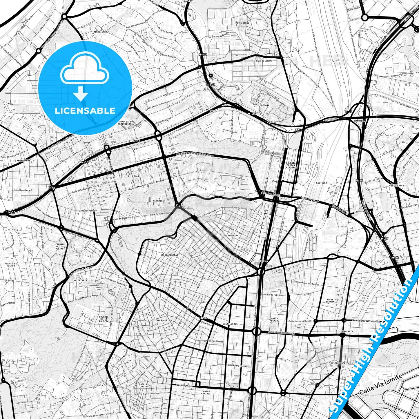 Tetuán de las Victorias, Spain Light Map with Street Names, City Names, and Districts