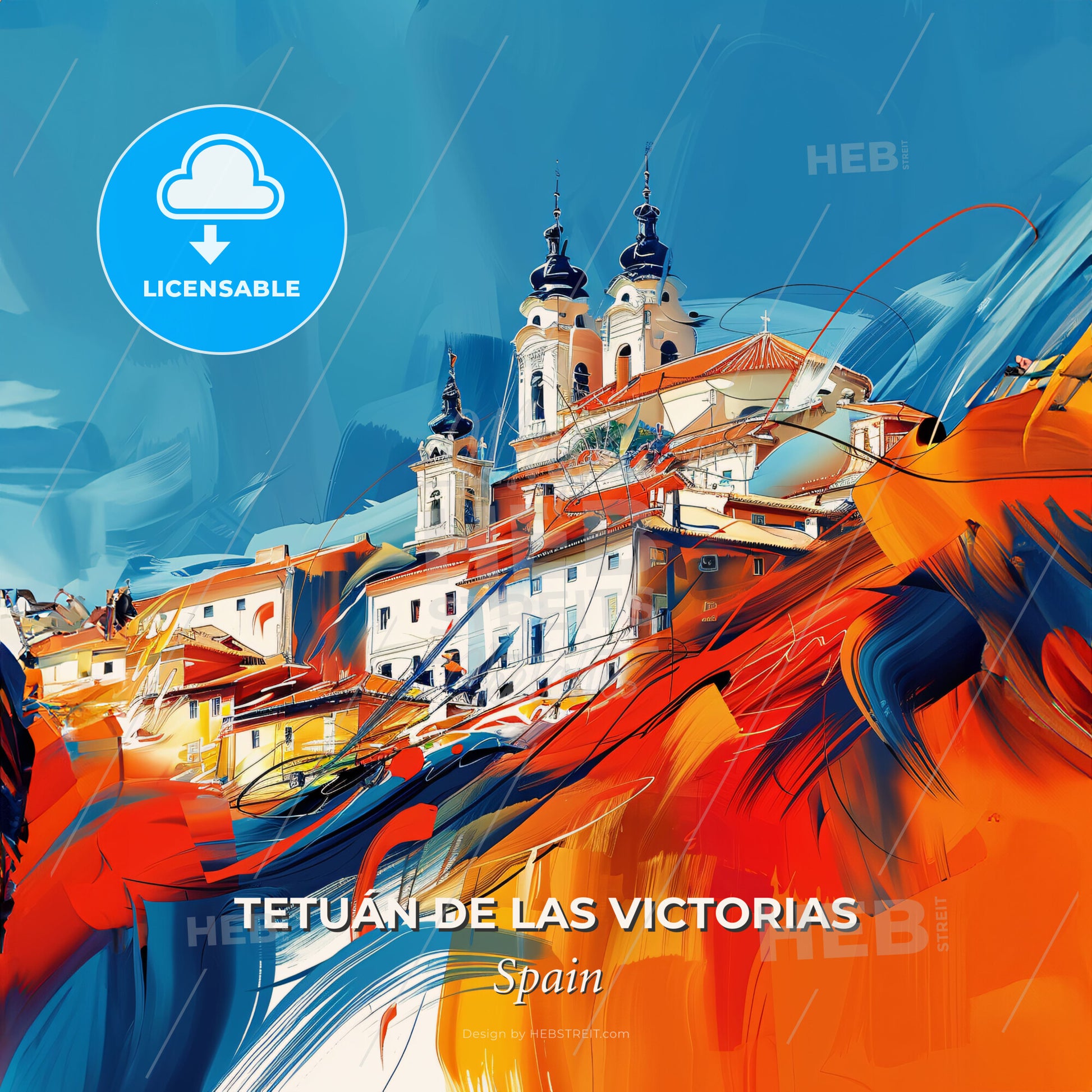 Vibrant Tetuán De Las Victorias, Spain - A Painting Of A Building With A Colorful Background - Square format print template