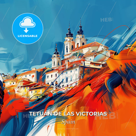 Vibrant Tetuán De Las Victorias, Spain - A Painting Of A Building With A Colorful Background - Square format print template
