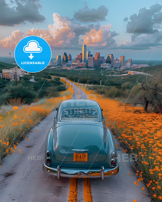 Grunge painting of a car on a road with orange flowers in Texas, USA, with a city in the background