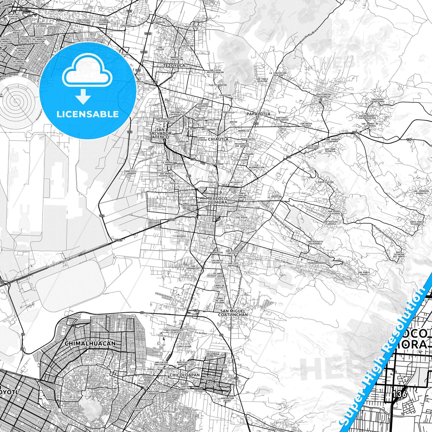 Texcoco, Mexico light map with streetnames, citynames and districts