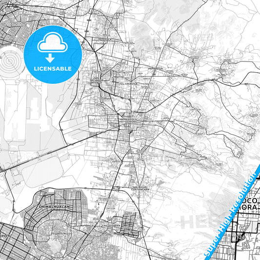 Texcoco, Mexico light map with streetnames, citynames and districts